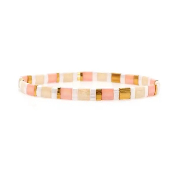Tila Bead Stretch Bracelet – Peach, White & Gold – Trendy Adjustable Gift - Picture 1 of 1